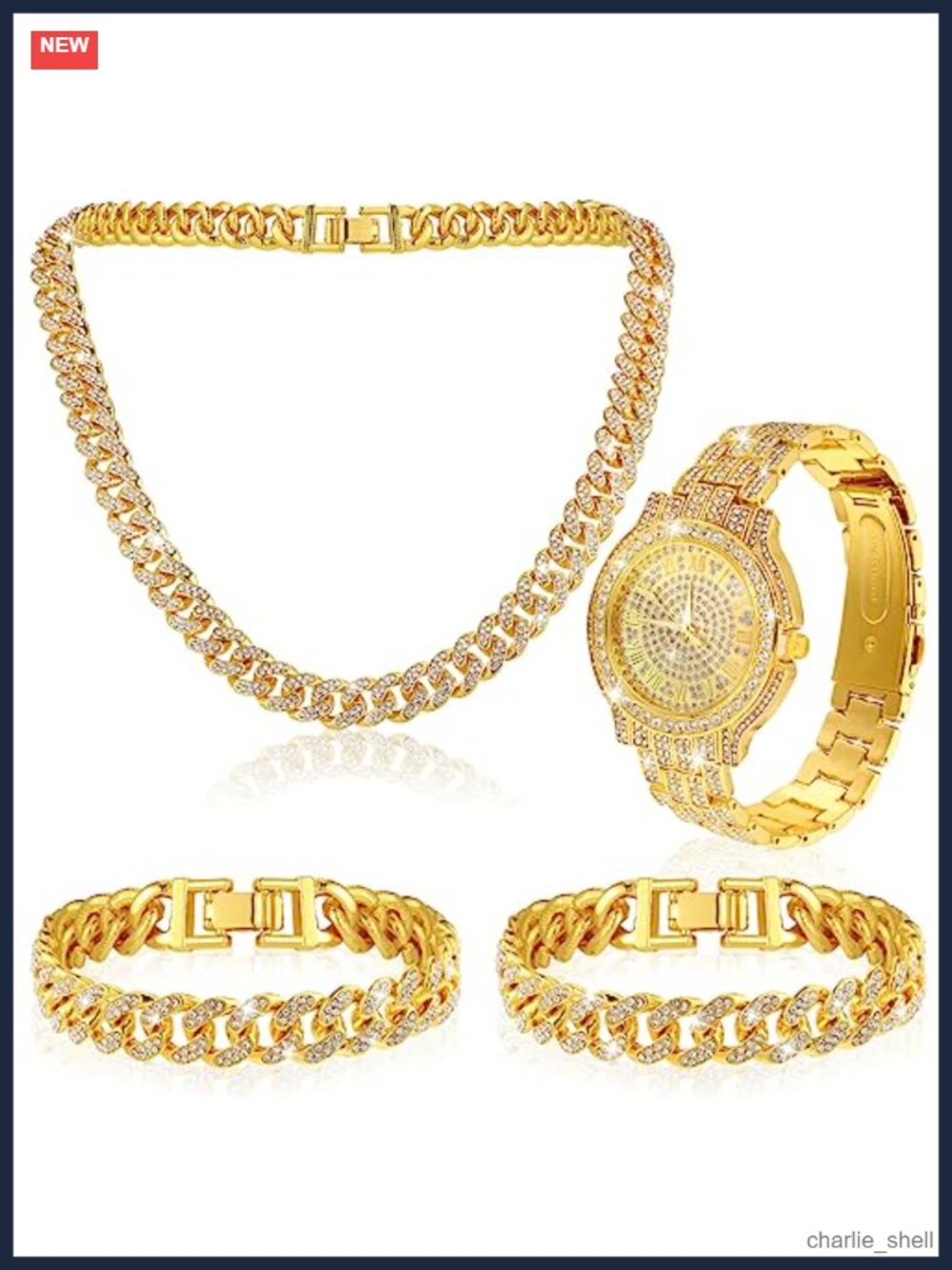 Men's Hip Hop Jewelry Set 4 Pc Cuban Link Necklace Bracelet Diamond Watch